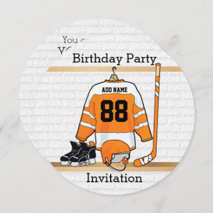 Orange and White Ice Hockey Jersey Birthday Party Invitation