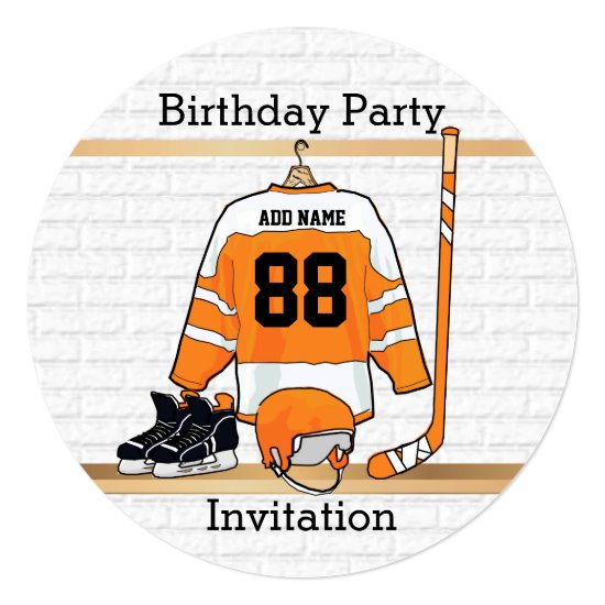 Orange and White Ice Hockey Jersey Birthday Party Invitation