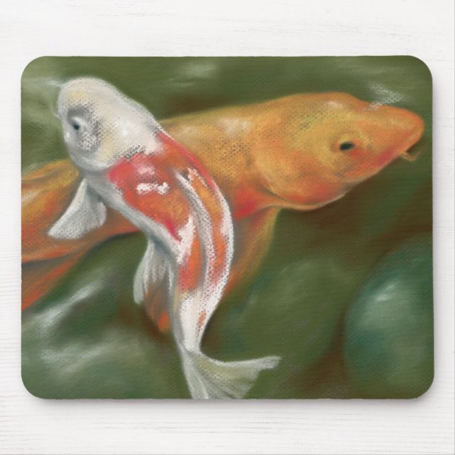 Orange and White Koi with Mossy Stones Pastel Art Mouse Pad (Front)