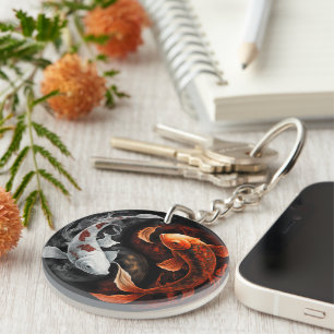 Orange And White Lucky Koi Fish Japan Art Keychain