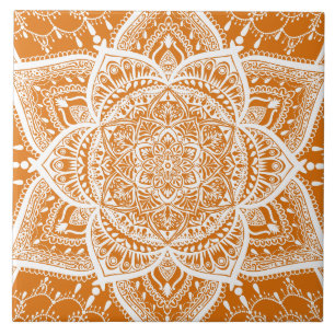 Orange and White Mandala - Loergann in Pumpkin Ceramic Tile