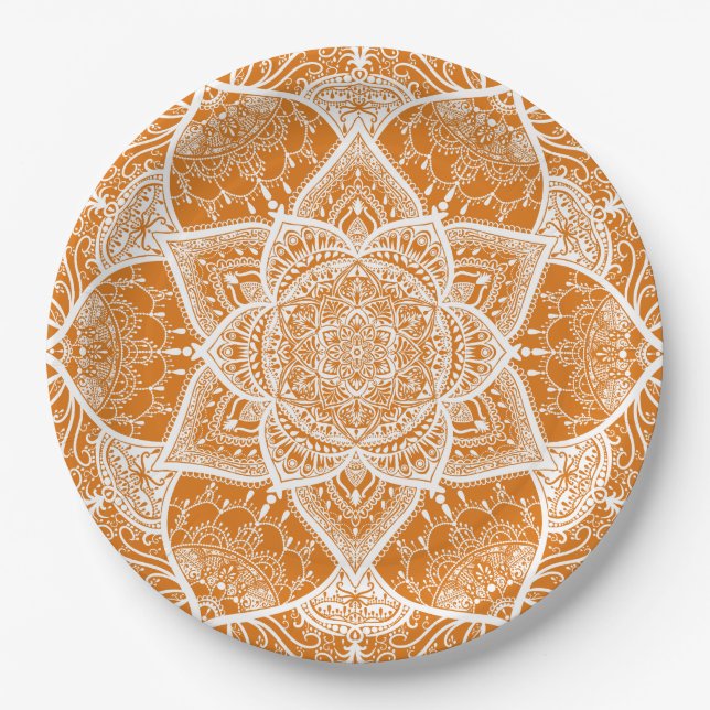 Orange and White Mandala - Loergann in Pumpkin Paper Plates (Front)