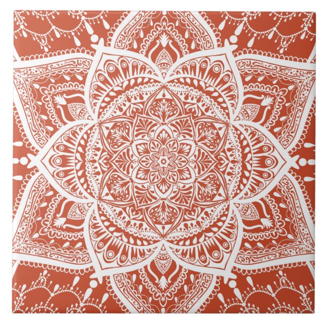 Orange and White Mandala - Loergann in Terracotta Ceramic Tile (Front)