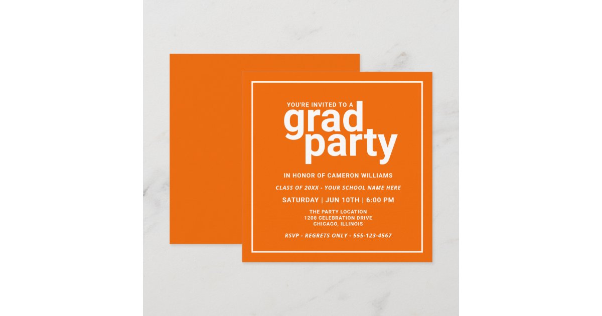 Orange and White Modern Basic Grad Party Invitation | Zazzle
