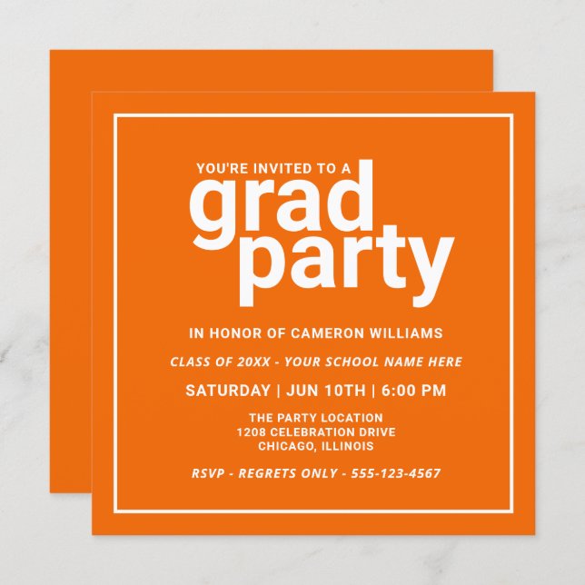 Orange and White Modern Basic Grad Party Invitation (Front/Back)
