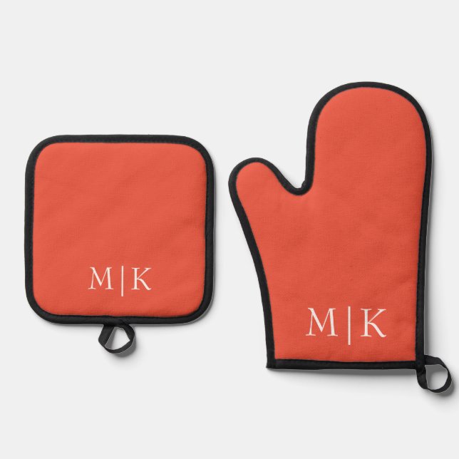 Orange and White | Modern Monogram Oven Mitt & Pot Holder Set (Front)