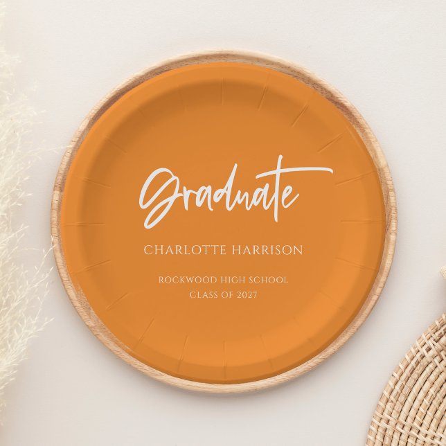 Orange and White Modern Script Graduation Party Paper Plates (Creator Uploaded)