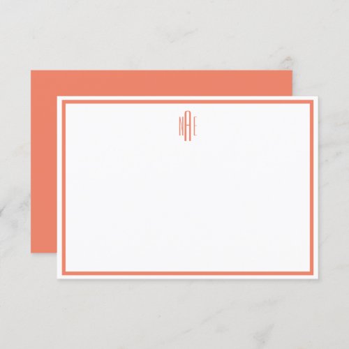 Orange and White Monogrammed Flat Note Card