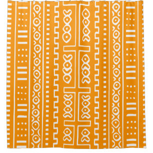 Orange and White Mud Cloth Shower Curtain