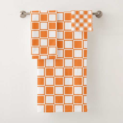 Orange and White Outlined Squares Bath Towel Set