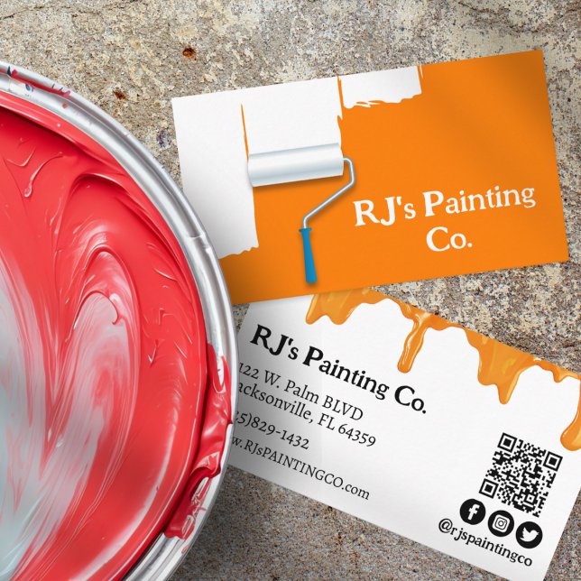 Orange and White Paint Drips Professional Painter Business Card (Professional Painter Business Cards White with Orange Paint Drips, Paint Roller, and QR Code)