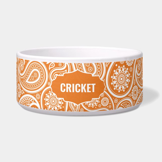Orange and White Paisley Pattern Monogram Bowl (Front)