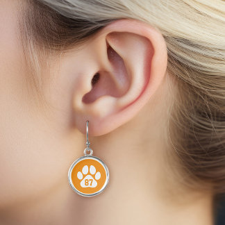 Orange and White Paw Print Custom Jersey Number Earrings