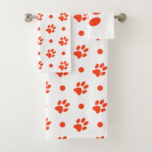 Orange and White Paw Prints and Polka Dots Bath Towel Set