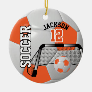 ⚽ Orange and White Personalize Soccer Ball Ceramic Ornament