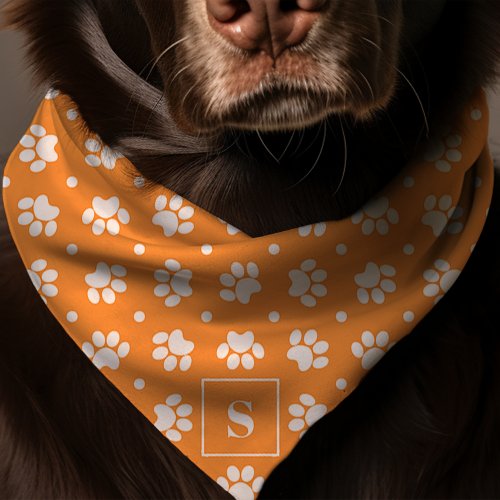 Orange And White Polka Dot Paw Print Monogram Dog Bandana