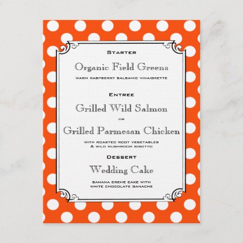 Orange and White Polka Dot Reception Dinner Menu Announcement