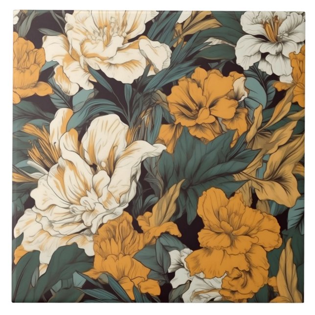Orange and white pretty floral ceramic tile (Front)