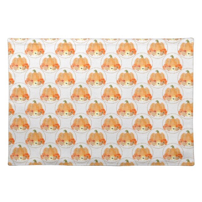 Orange and White Pumpkins in Gold Glittery Circles Cloth Placemat (Front)