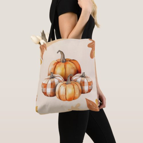 Orange and White Pumpkins Plaid Brown Halloween Tote Bag