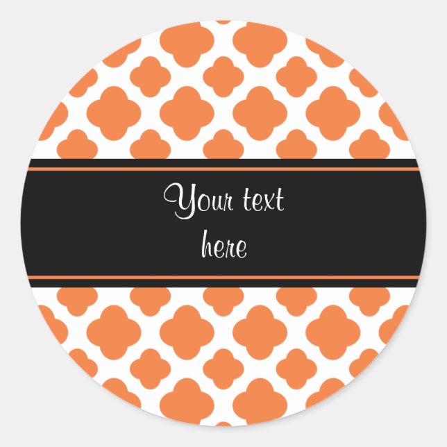 Orange and White Quatrefoil Pattern Classic Round Sticker (Front)