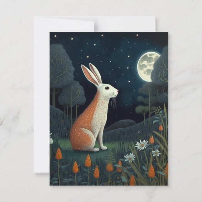 Orange and White Rabbit in the Moonlight Note Card (Front)