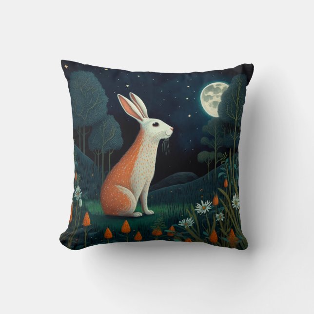 Orange and White Rabbit in the Moonlight Throw Pillow (Front)