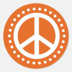 Orange and White Retro Polka Dot Peace Sign Symbol Classic Round Sticker