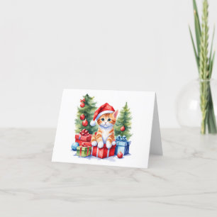 Orange and White Santa Kitten,Lots of Gifts BLANK Holiday Card