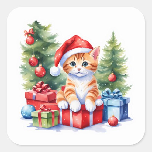 Orange and White Santa KittenLots of Gifts  Square Sticker