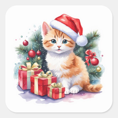 Orange and White Santa Kitten with Presents  Square Sticker