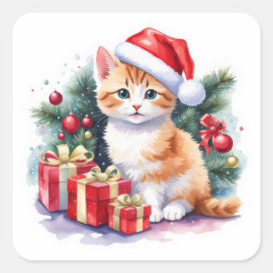 Orange and White Santa Kitten with Presents Square Sticker