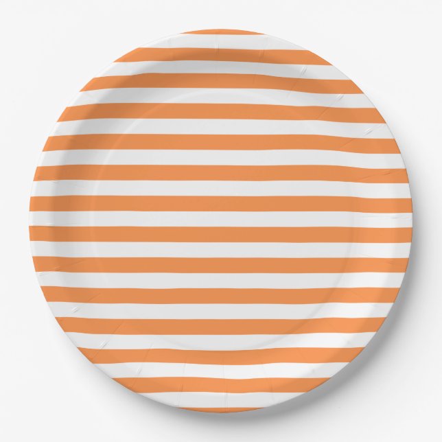 Orange and White Stripe Pattern Paper Plates (Front)
