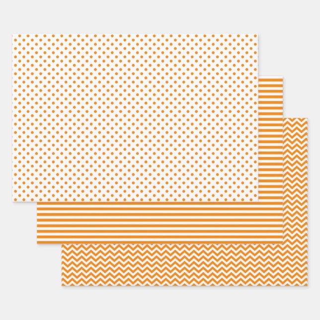 Orange and White Stripes Chevron Polka Dots Wrapping Paper Sheets (Set)