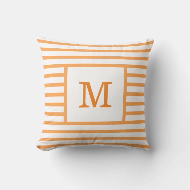 Orange and White Stripes Custom Monogram Cotton Throw Pillow (Front)