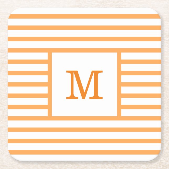 Orange and White Stripes Custom Monogram Square Paper Coaster (Front)