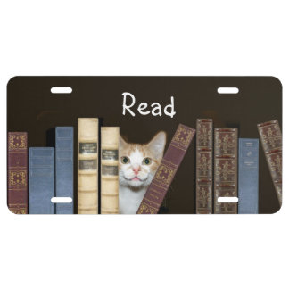 Orange and white tabby with books license plate