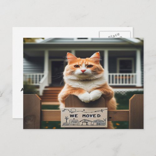 Orange and white tom cat we moved announcement postcard