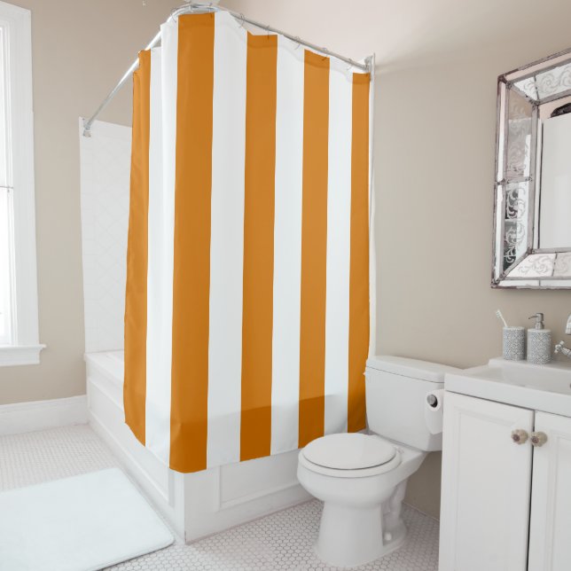 Orange and White Vertical Stripes Shower Curtain (In Situ)