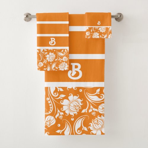 Orange and white vintage damasks monogram bath towel set