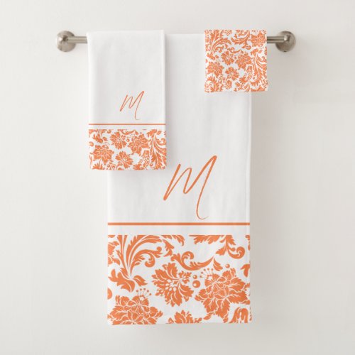 Orange and white vintage damasks monogram bath towel set