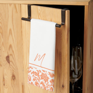 Orange and white vintage damasks monogram kitchen towel