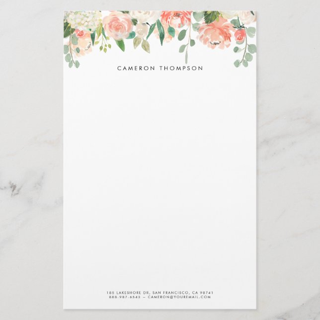 Orange and White Watercolor Hydrangeas and Peonies Stationery (Front)