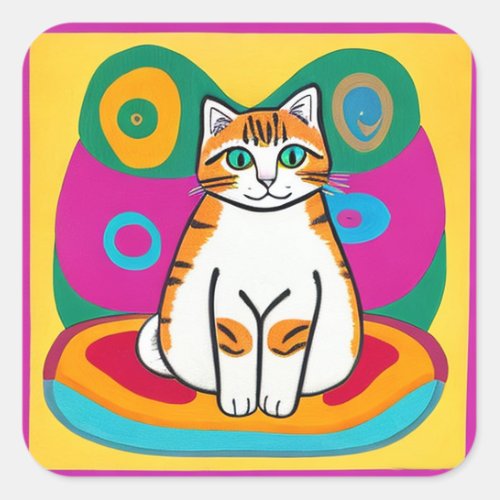 Orange and White Whimsical Cat Art Square Sticker