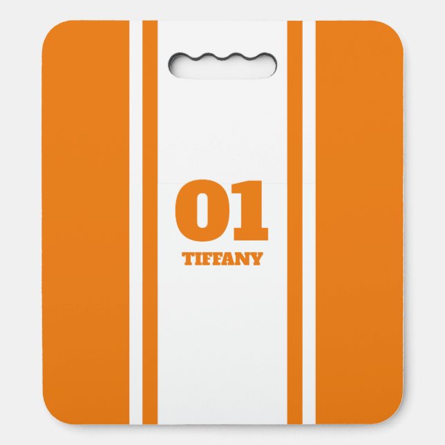 Orange and Whtie Sports Stripe Name & Number Seat Cushion (Front Vertical)