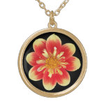 Orange and Yello Collarette Dahlia on Black Floral Gold Plated Necklace