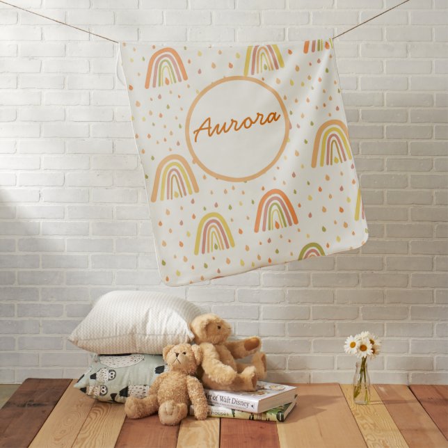  Orange and Yellow Boho Rainbows with Drops Name  Baby Blanket (In Situ)