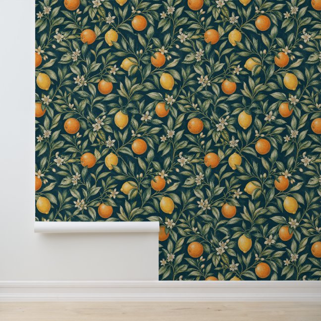Orange and Yellow Citrus Branch Pattern Wallpaper