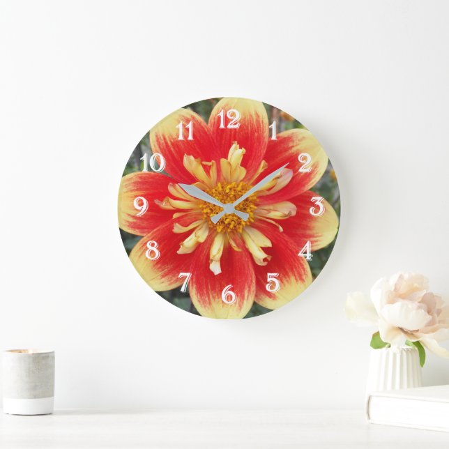 Orange and Yellow Collarette Dahlia Floral Large Clock (Home)