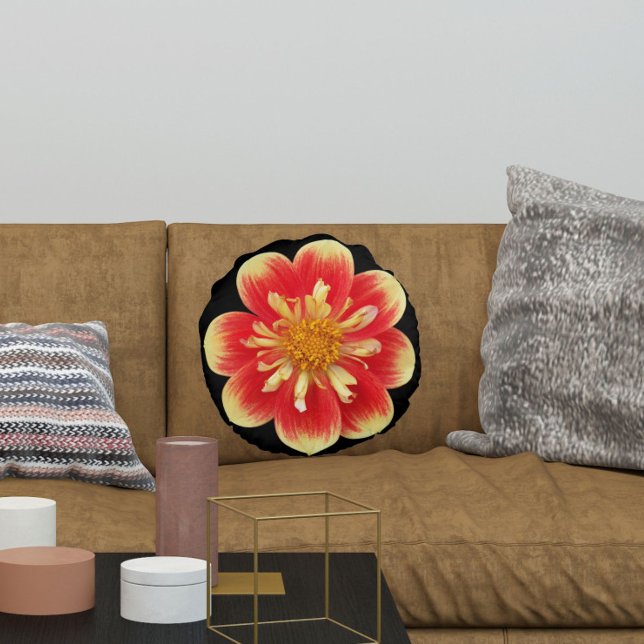 Orange and Yellow Collarette Dahlia Floral Round Pillow (In Situ)